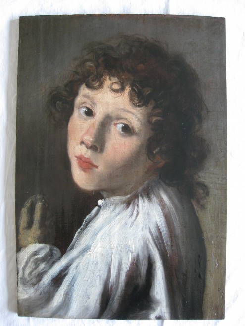 Anonym, „Knabenbildnis“, nach der Restaurierung mit freigelegter, ehem. dunkel übermalter Hand mit Blasrohr und Seifenblase (Homo bulla), 2007, Foto: Universalmuseum Joanneum/P.-B. Eipper