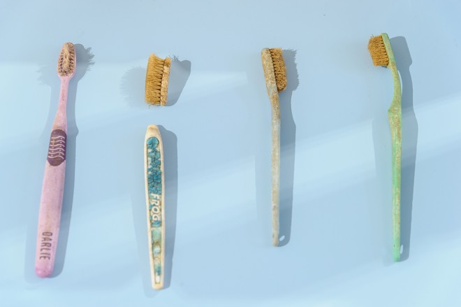 Zahnbürsten, die aus dem Meer gefischt wurden, Ausstellungsansicht, Foto: Universalmuseum Joanneum/N. Lackner