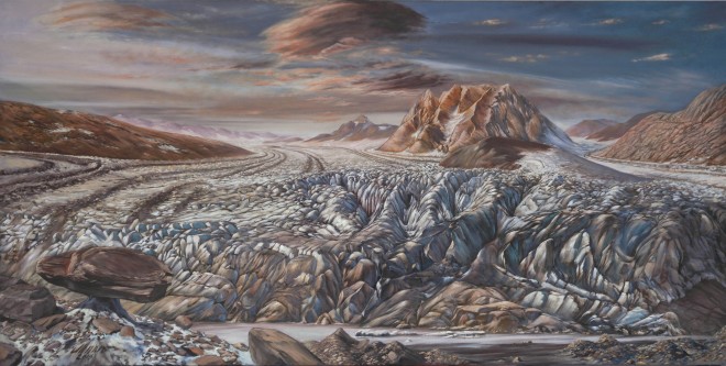 Fritz Messner, Der Ennstalgletscher zieht sich zurück, 2016 Öl auf Leinwand Das Bild zeigt den Gletscherstand im Ennstal vor ca. 18.000 Jahren (der Kulm schaut bereits heraus)