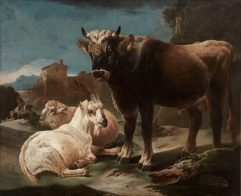 Philipp Peter Roos, genannt Rosa da Tivoli, (1657 – 1706), Junger Stier mit Ziege und Schaf, Öl auf Leinwand, Alte Galerie, Inv.-Nr. 127, Foto: Universalmuseum Joanneum