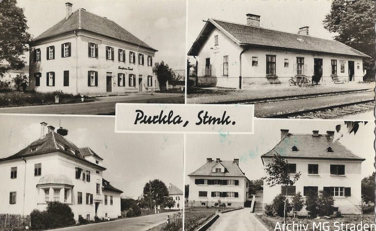 Postkarte, Purkla mit Bahnstation, Foto Bund (Radkersburg), um 1965, Archiv MG Straden