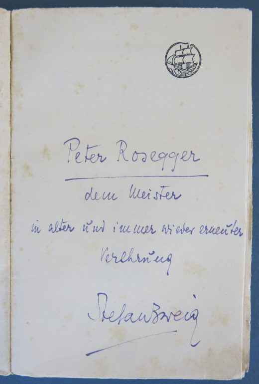 Widmung Zweigs für Rosegger. In: Stefan Zweig: Jeremias. Eine dramatische Dichtung in neun Bildern. Rosegger-Museum Krieglach