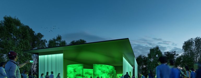 Der mobile Pavillon der STEIERMARK SCHAU (der Ersatz für die Landesausstellung)leuchtet grün in der Dämmerung.