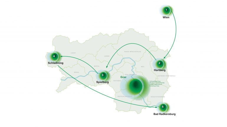 Die Karte zeigt, dass der mobile Pavillon der neuen Landesausstellung in Wien, Hartberg, Schladming, Bad Radkersburg und Spielberg halt macht.