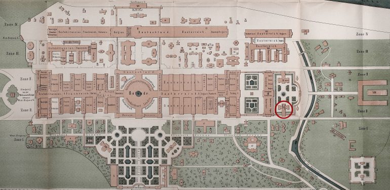 Plan des Weltausstellungsgeländes am Wiener Prater mit der Position des südlichen Pavillons des Amateurs (Kreis), wo der „Kultwagen“ von Strettweg ausgestellt wurde, Ausschnitt aus einem Gebäudeplan, 1873. Quelle: Situations-Plan der Weltausstellung 1873 in Wien mit allen Nebenbauten, Pavillons, Separatausstellungen und Objecten innerhalb des Ausstellungsplatzes (Wien 1873).