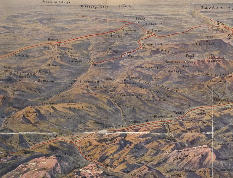 Ausschnitt aus: Die Obersteirischen Alpen, II. Östliches Blatt. Hg. vom Landesverband für Fremdenverkehr in Steiermark, gezeichnet von A. Heilmann, Wien 1913, Foto: Steiermärkische Landesbibliothek wird auch in der Ausstellung "waldheimat" gezeigt