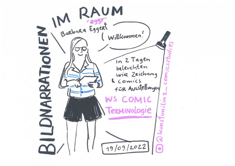 Eine grafische Skizze im Comic-Style, die Barbara Margarethe Eggert bei der Eröffnung des Museumsakademie-Workshops "Bildnarrationen im Raum" eröffnet