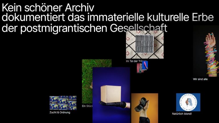 Screenshot von der Webiste Kein Schöner Archiv, die beim Workshop "Aktivismus und Museen" vorgestellt wurde, bunte Bilder auf schwarzem Hintergrund