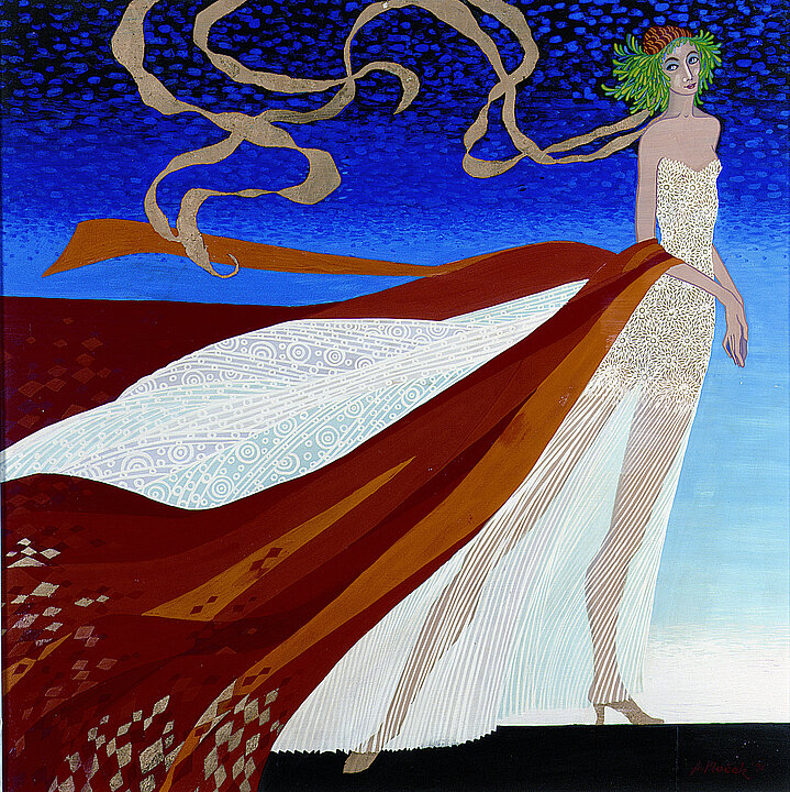 Gemälde von einer Frau mit weißem Kleid und brauner Schärpe, die einen grünen Kranz auf dem Kopf trägt.