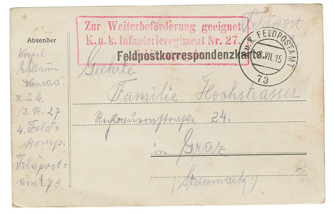Normierte Feldpostkarte, 1915/16, Leihgabe von Nicole-Melanie Goll, Graz