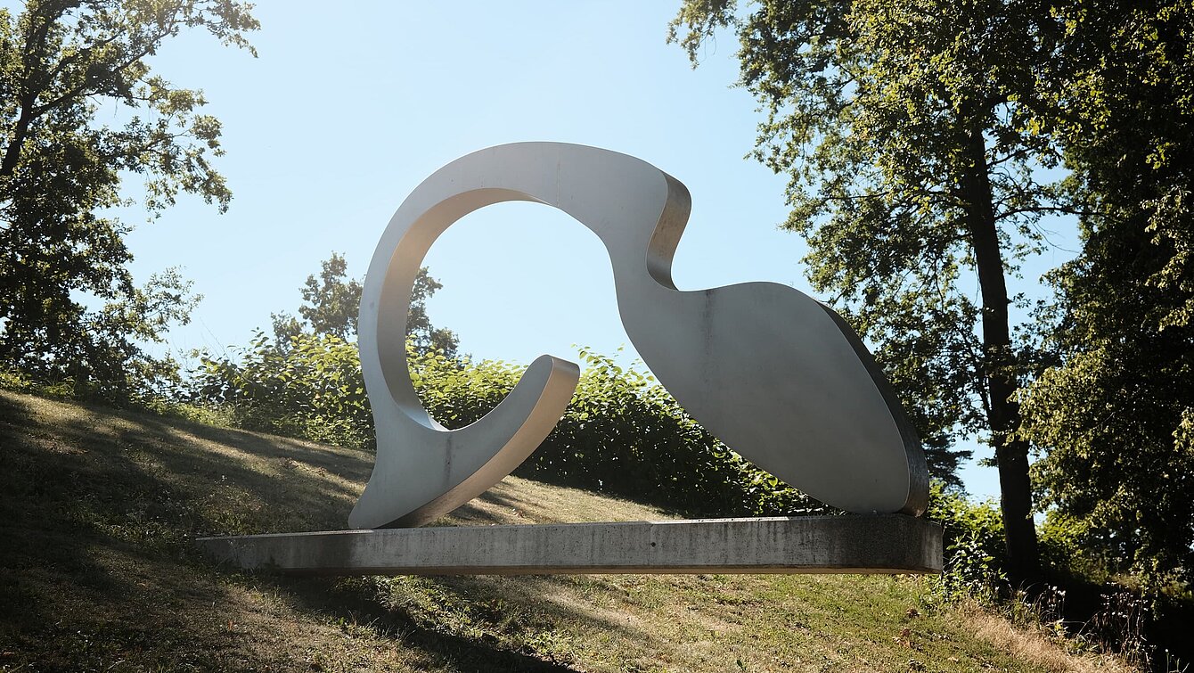 Ursprünglich computergenerierte Skulptur, die aus Metall gefertigt wurde. Sie abgerundet geformt und liegt auf einem Sockel aus Beton, der aus einem abfallenden Hang hervorsteht.