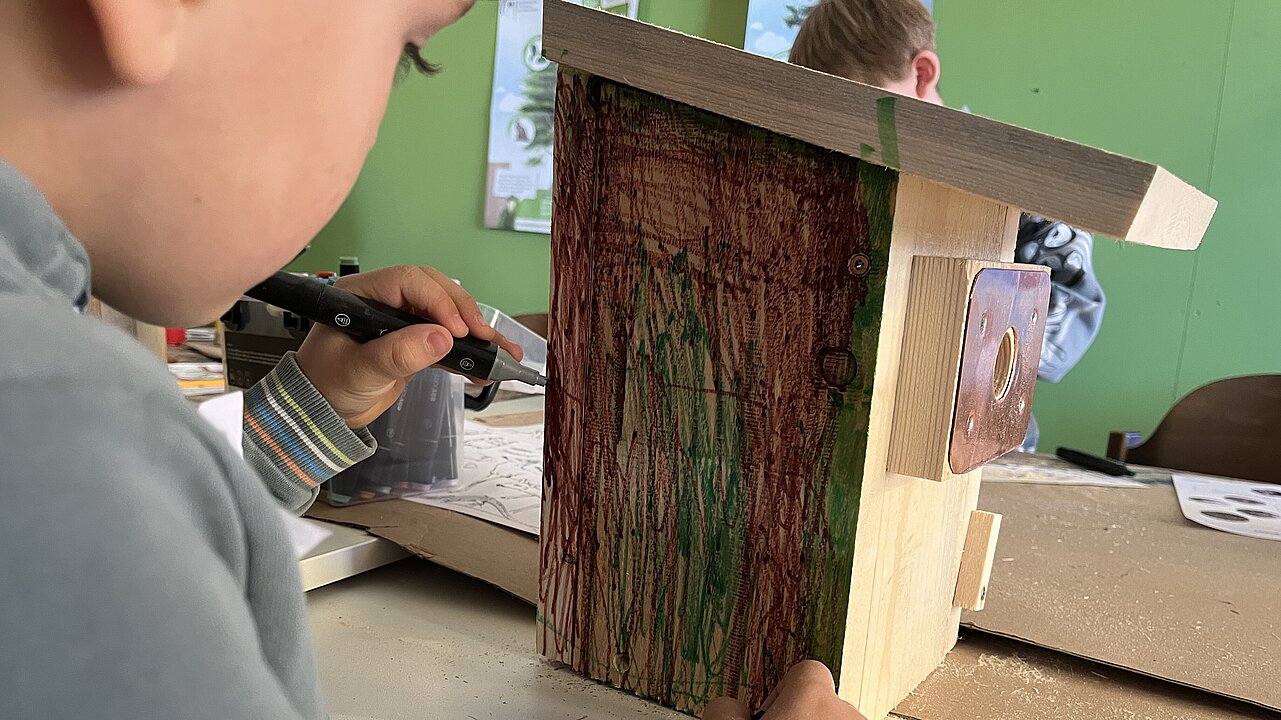Holzkasten der für die Vögel bemalt wird