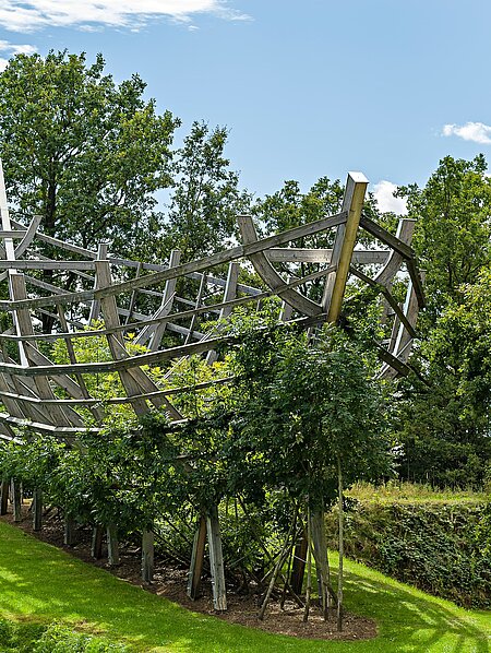 An ark of living trees is currently being created in the Berggarten. For more than a decade, the 25-metre-long wooden scaffolding has served as a temporary support for the plant growth. The wooden scaffolding was removed in 2024.