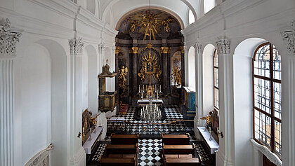 View in the direction of the altar in the palace church in Schloss Eggenberg.