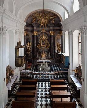 View in the direction of the altar in the palace church in Schloss Eggenberg.