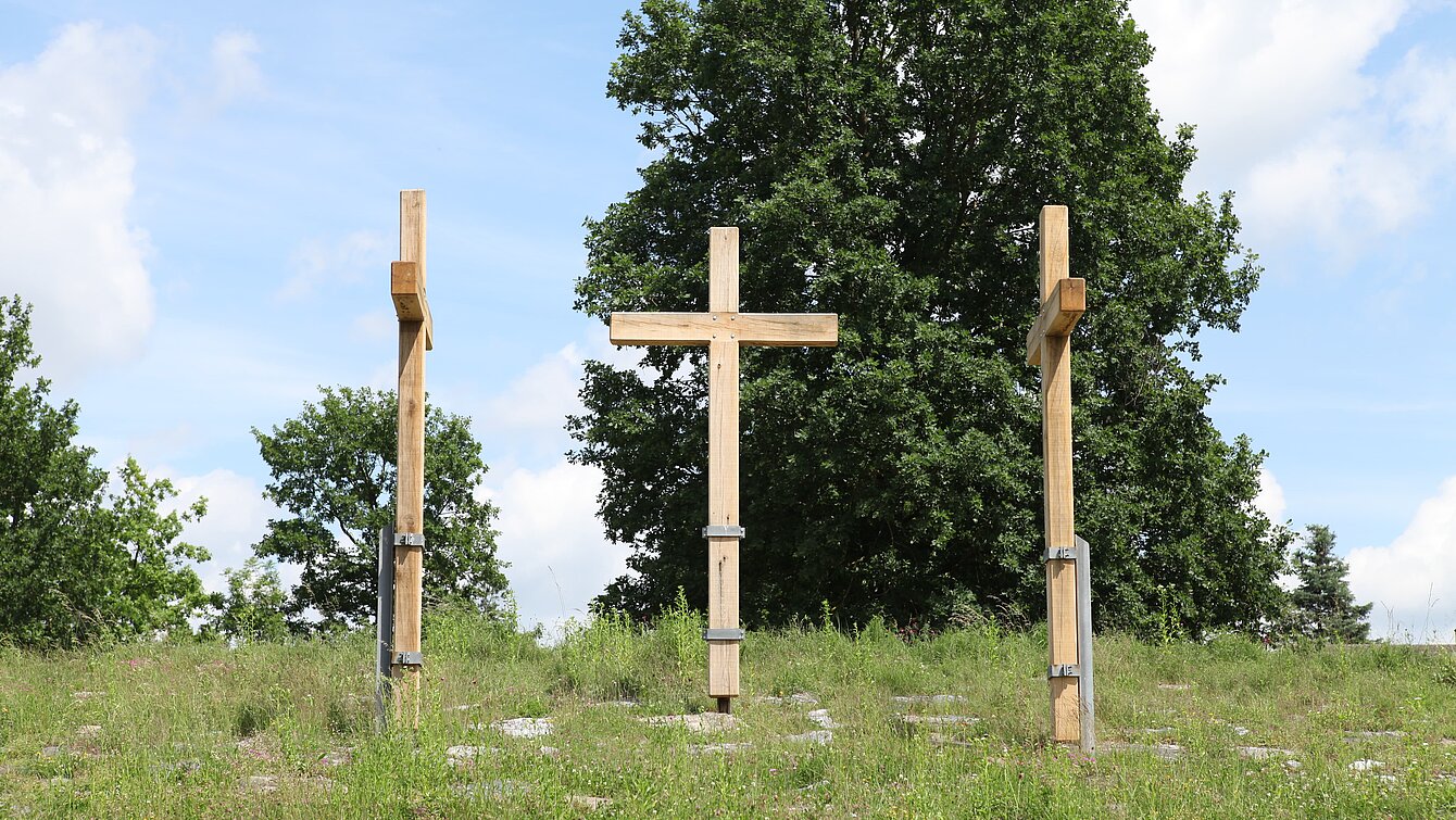 Drei große Kreuze stehen im Berggarten des Skulpturenparks. Die Möglichkeit einen Nagel einzuschlagen, macht das Kunstwerk interaktiv. 