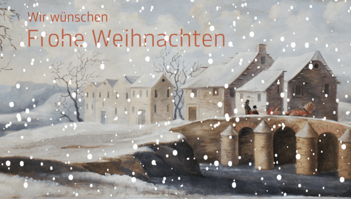 Ein Schlitten fährt über eine Brücke in verschneiter Winterlandschaft. Oben drüber steht der Schriftzug "Wir wünschen Frohe Weihnachten".