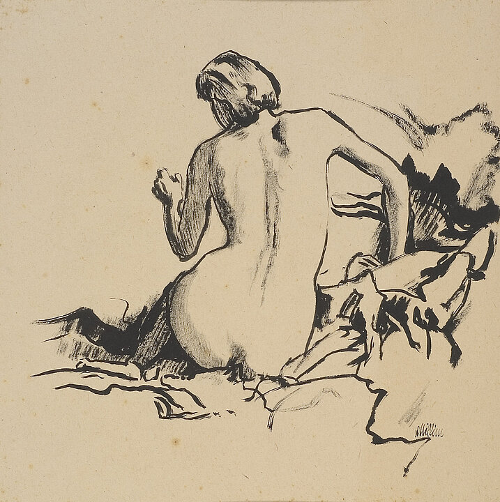Skizze von einer nackten Frau, die mit dem Rücken zum Betrachter sitzt.