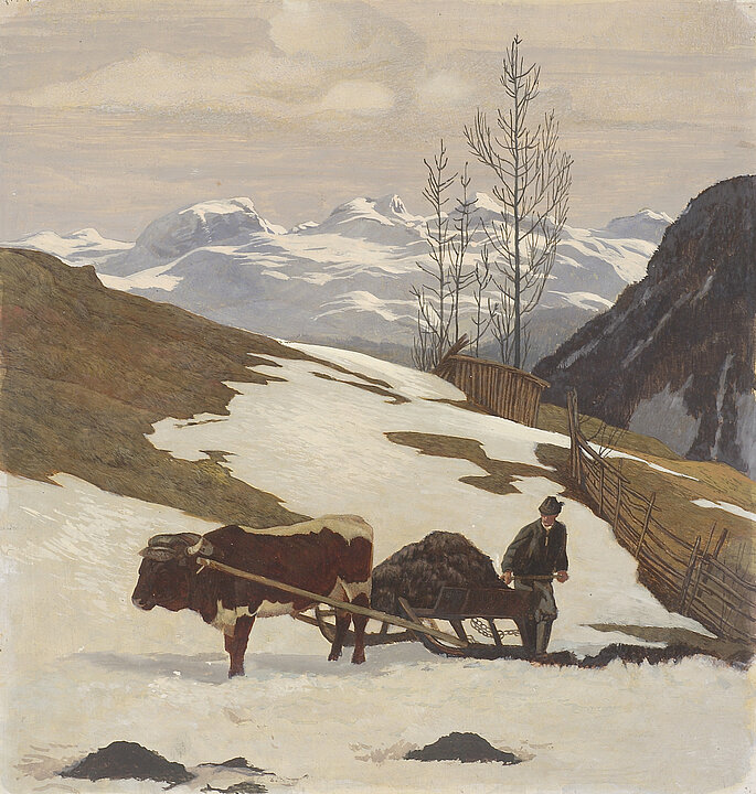 Gemälde von einer Berglandschaft im Vordergrund zieht ein Ochse einen Schlitten, hinter dem ein Mann steht. Im Hintergrund sind verschneite Berge zusehen.