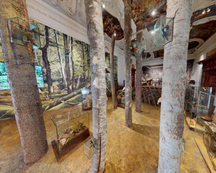 Screenshot from a 360 degree tour. You can see the exhibition room "Of forest and wood" with tree trunks in the middle of the room.