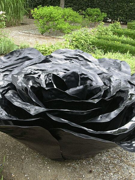 The aluminum sculpture represents an oversized rose petal. 
The sculptures are placed in four different colors in public places, parks and gardens. 