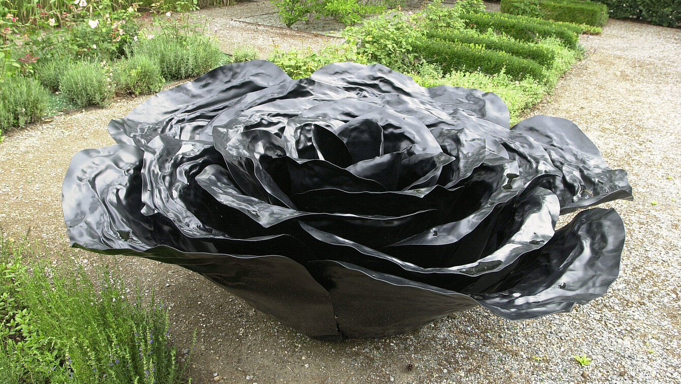 Die Skulptur aus Aluminium stellt ein überdimensionales Rosenblatt dar. 
Die Skulpturen sind in vier unterschiedlichen Farben an öffentlichen Orten, in Parks und Gärten platziert. Die hier im Bauerngarten befindliche schwarze Rose entfaltet ihre Wirkung im Wechselspiel mit der sie umgebenden Natur.