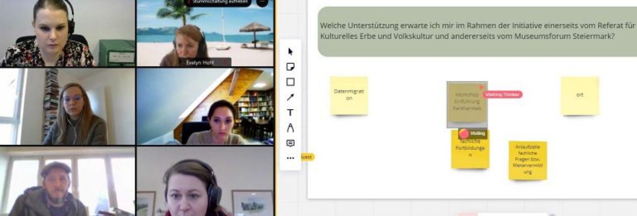 Workshops zur Bedarfserhebung Ende Jänner 2022 mit Museums- und Sammlungsmitarbeiter*innen aus folgenden Museen: Benediktinerstift Admont ‒ Bibliothek und Museum, Bergbaumuseum Fohnsdorf, Heimat.Museum im Tabor, Heimatmuseum Ilz, MIR Museum im Rathaus, Gleisdorf, Museum Köflach, Museumscenter Leoben, Museum Zeitroas Ramsau am Dachstein, Naturmuseum Neuberg – Sammlung Schliefsteiner, SÜDBAHN Museum Mürzzuschlag, Stadtmuseum Kapfenberg, Tempelmuseum Frauenberg