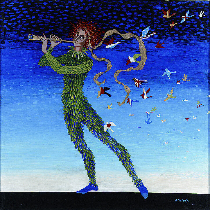 Gemälde von einem jungen Mann, der einen Ganzkörperanzug aus grünen Blättern trägt. Er spielt auf einer Flöte und viele Vögel fliegen hinter ihm her.