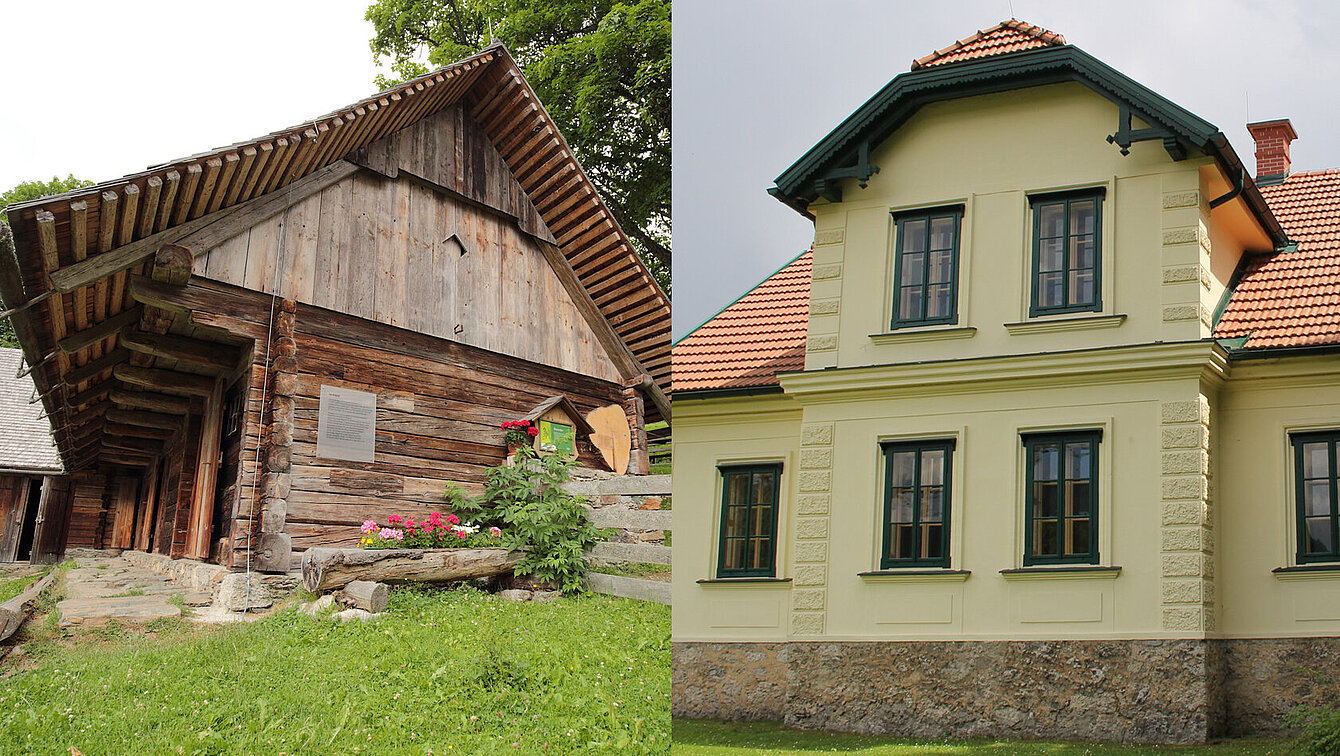 Collage von Peter Roseggers Geburtshaus Kluppeneggerhof am Alpl und Museum in Krieglach
