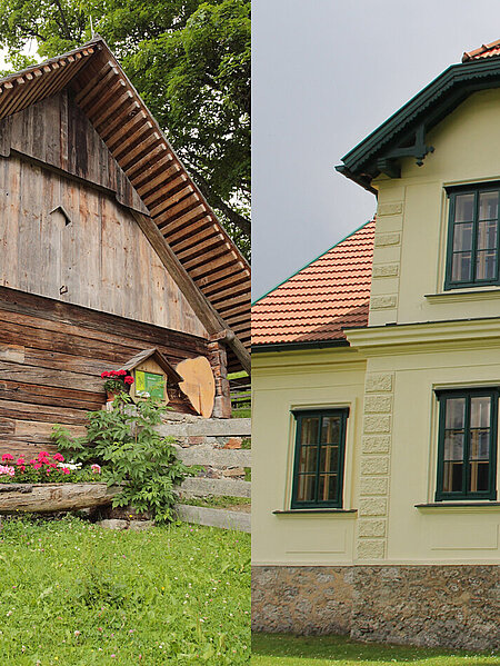 Collage von Peter Roseggers Geburtshaus Kluppeneggerhof am Alpl und Museum in Krieglach