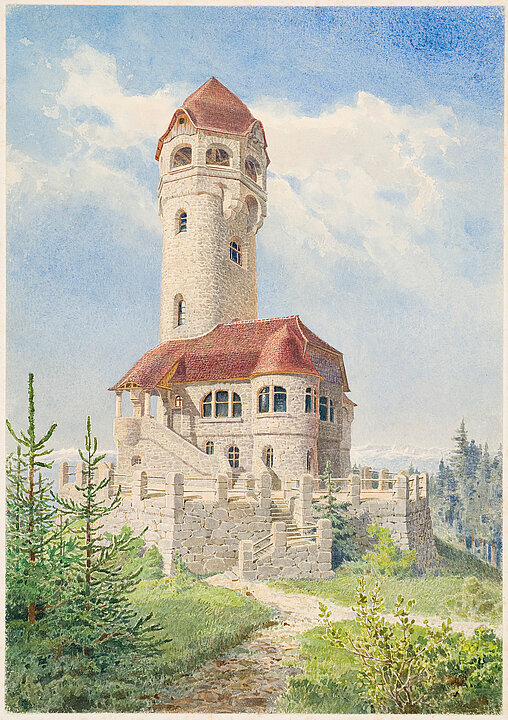Ludwig Muhry, „Bismarckturm“ auf dem Plabutsch, Nicht ausgeführter Entwurf Gouache/Karton, 57 x 44 cm, Leihgabe des GrazMuseums