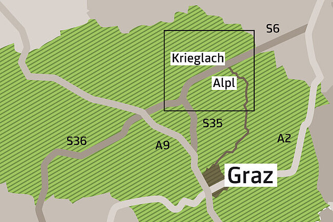 Lageplan zu Peter Roseggers Geburtshaus und Museum am Alpl in Krieglach