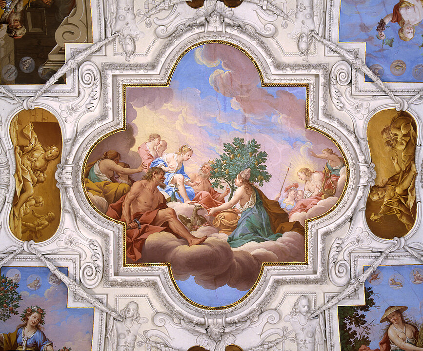 Foto von einem Deckengemälde. Zu sehen ist eine Frau, die einem Paar einen Apfelbaum überreicht. Außerhalb des Gemäldes finden sich weiße Stuckarbeiten.