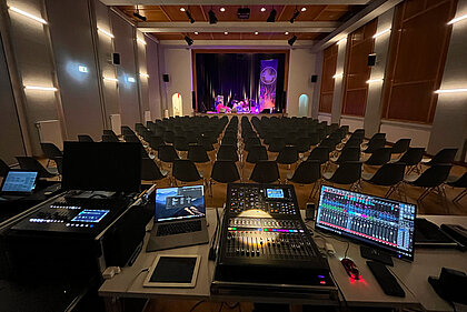 View from the sound and light mixing console to the stage in the Heimatsaal.