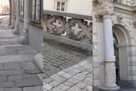 Links: Historisches Trottoir vor dem Joanneumsviertel (Stainzer Plattengneis und Kainachtaler Sandstein), Mitte: Pflasterung beim Grazer Dom (Basalt aus Weitendorf), Rechts: Grazer Rathaus (Säulen aus Quarzit und Marmor), Fotos B. Moser