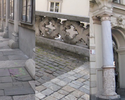 Links: Historisches Trottoir vor dem Joanneumsviertel (Stainzer Plattengneis und Kainachtaler Sandstein), Mitte: Pflasterung beim Grazer Dom (Basalt aus Weitendorf), Rechts: Grazer Rathaus (Säulen aus Quarzit und Marmor), Fotos B. Moser