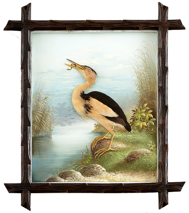 Picture in a dark brown picture frame. The image shows a three-dimensional bird with real feathers that has a frog in its mouth and is standing by a river. The background is painted.