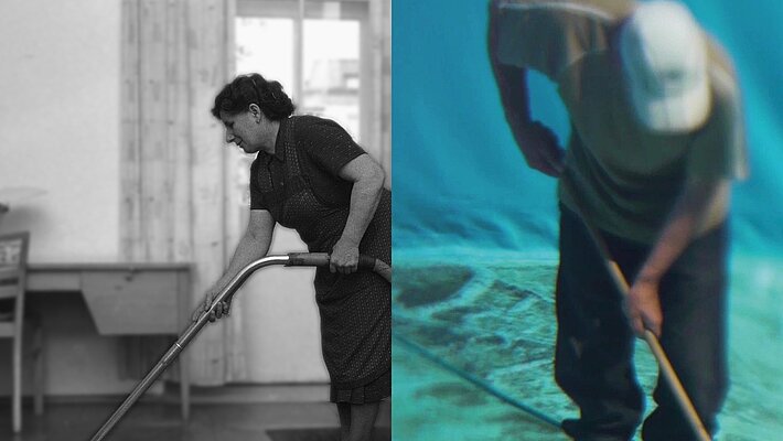 Abbildung MfG: Bezahlte oder unbezahlte Arbeit? Frau beim Reinigen des Bodens, Fotoarchiv Blaschka, 1965, Multimediale Sammlungen / UMJ  Abbildung KH: Nojus Drąsutis, The Pool Cleaners, Vilnius 2017 aus: Antje Ehmann, Harun Farocki, Eva Stotz, Eine Einstellung zur Arbeit / Labour in a Single Shot, 2011, Videostill