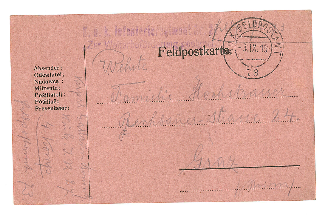 Normierte Feldpostkarte, 1915/16, Leihgabe von Nicole-Melanie Goll, Graz