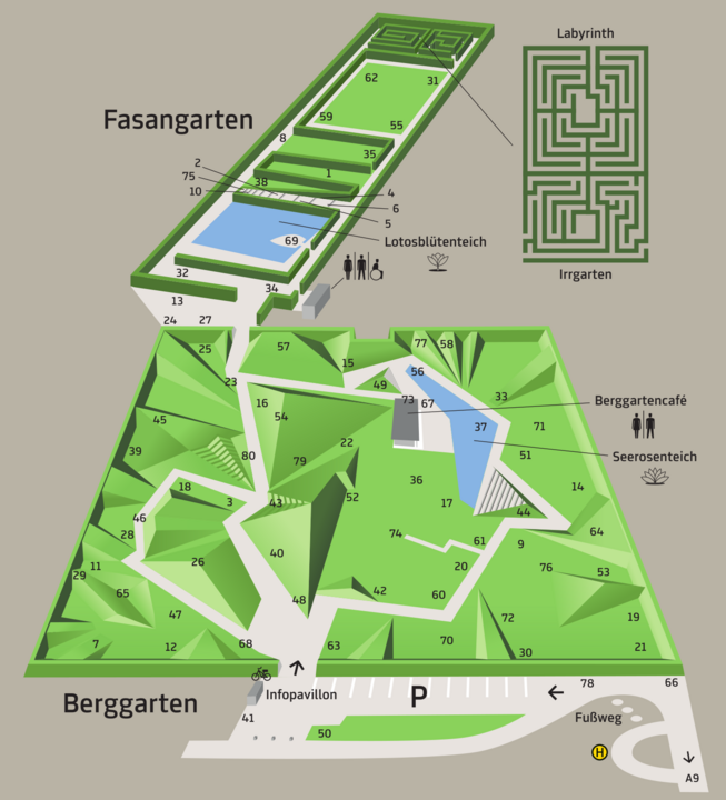 Grafische Darstellung des Areals des Skulpturenparks mit Wegenetz und Positionierung der Skulpturen. 