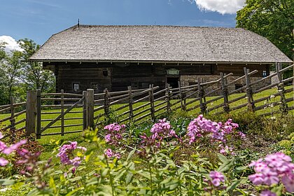 Blühender Blumen im Bauerngarten, dahinter das Geburtshaus.