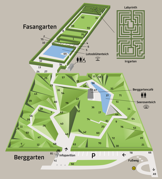 Grafische Darstellung des Areals des Skulpturenparks mit Wegenetz und Positionierung der Skulpturen. 