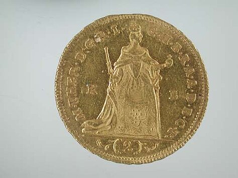 Goldener Zweifachdukat aus dem Jahr 1765 mit Bild Maria Theresias