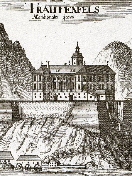 Copper engraving depicting Trautenfels Castle. Mountains can be seen in the background.