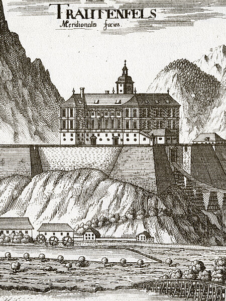 Kupferstich mit einer Darstellung von Schloss Trautenfels. Im Hintergrund sind Berge zusehen.