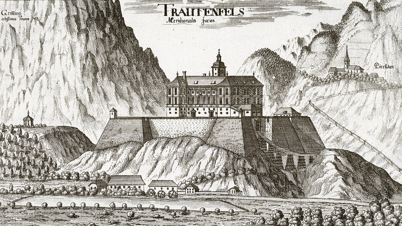 Copper engraving depicting Trautenfels Castle. Mountains can be seen in the background.