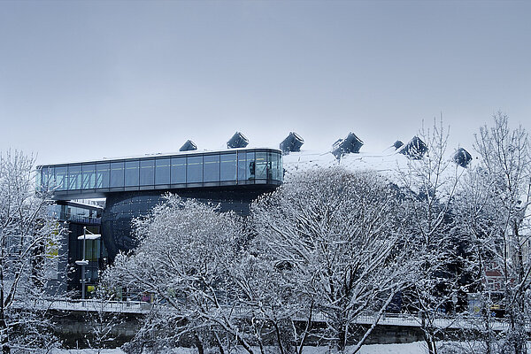 Das Kunsthaus Graz im Winter, von schneebedeckten Bäumen umrahmt; die gläserne Brücke, auch genannt Needle, und die Dachstruktur des Gebäudes sind deutlich erkennbar.