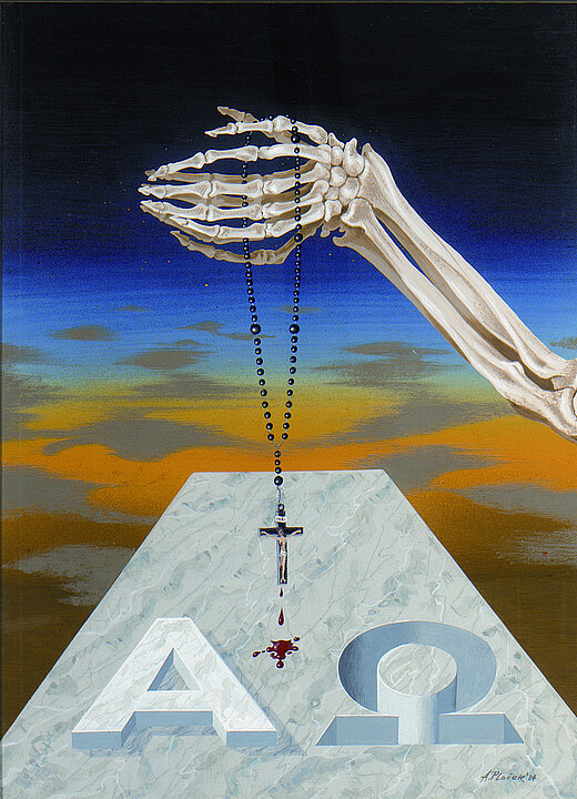 Gemälde von zwei Skelett-Händen, die beten. In den Händen hängt ein Rosenkranz nach unten, über einer Marmorplatte. Die Marmorplatte erinnert an eine Grabplatte, darauf ist das Alpha und Omega-Zeichen eingelassen.