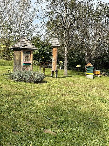 Blick auf die Bienenstöcke auf der Schenkkellerwiese in Schloss Stainz.