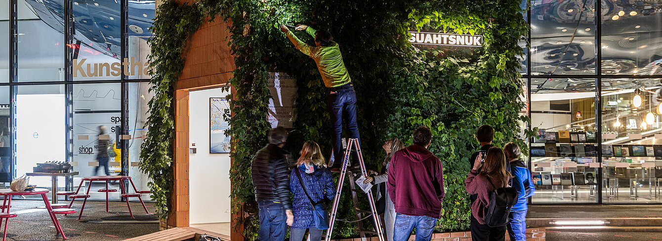 Menschen versammeln sich vor dem Kunsthaus Graz in der Nacht. Am Vorplatz steht ein kleines Gebäude, das mit Hopfen-Pflanzen überwachsen ist. Der Künstler Alfredo Barsuglia steht auf einer Leiter und erntet den Hopfen.